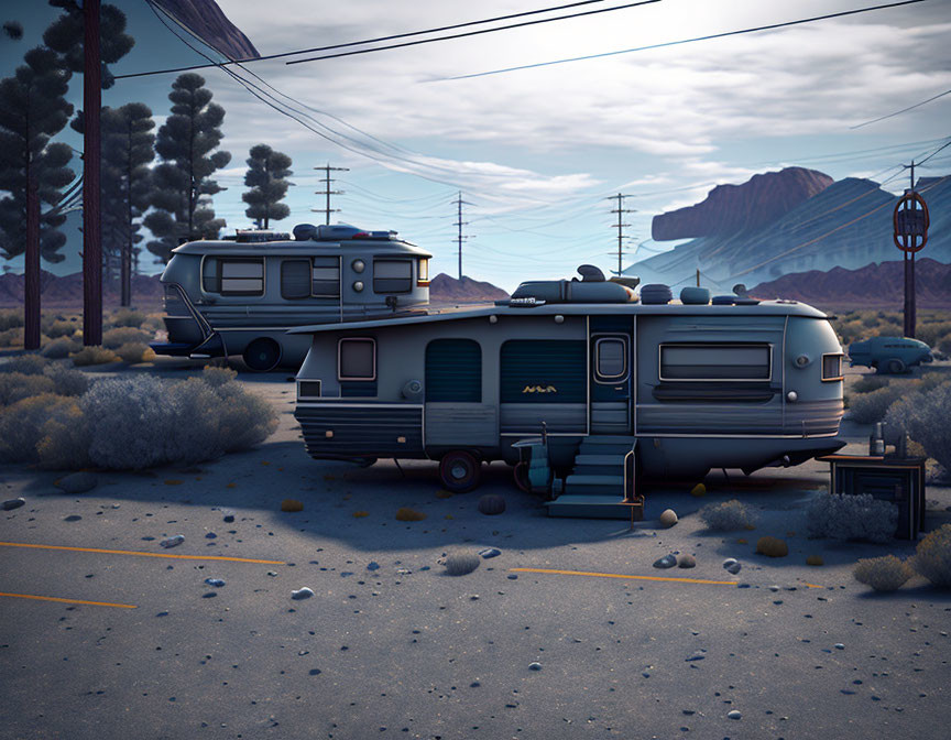 Vintage Trailers on Desert Road with Cacti and Rocky Hills