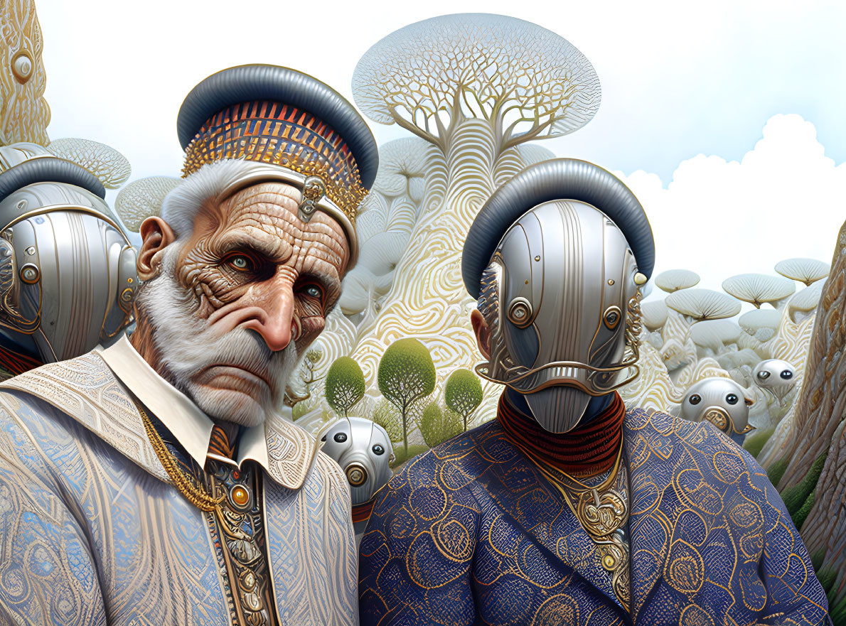 Elderly Man and Armored Figure in Surreal Fantasy Scene