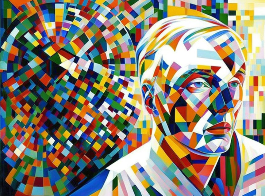 Vibrant abstract cubist painting with geometric patterns.