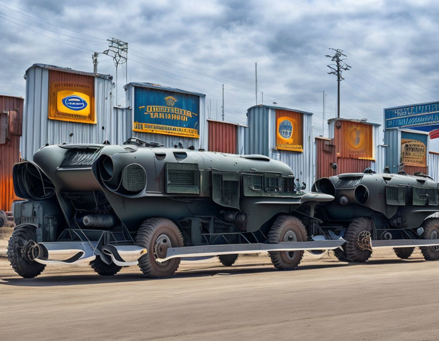 Military trucks with missile launchers parked in front of containers under cloudy sky