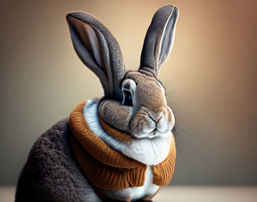 Brown and White Rabbit with Long Ears in Orange Scarf