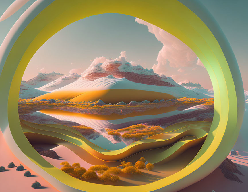 Abstract landscape with yellow shapes, orange foliage, desert dunes, and pastel sky.