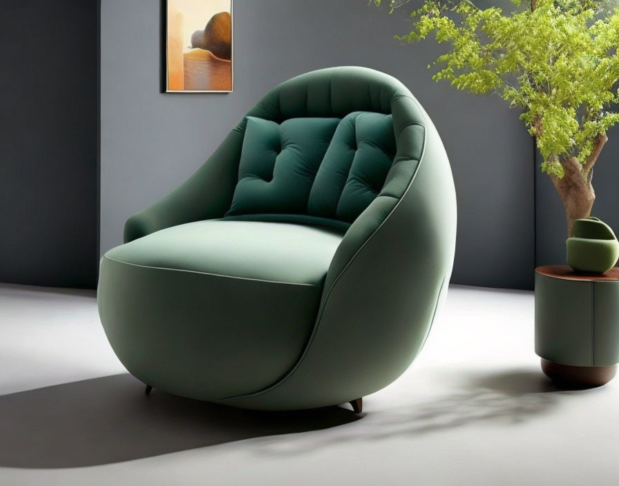 Stylish modern green armchair in room with gray wall, plant, and abstract art