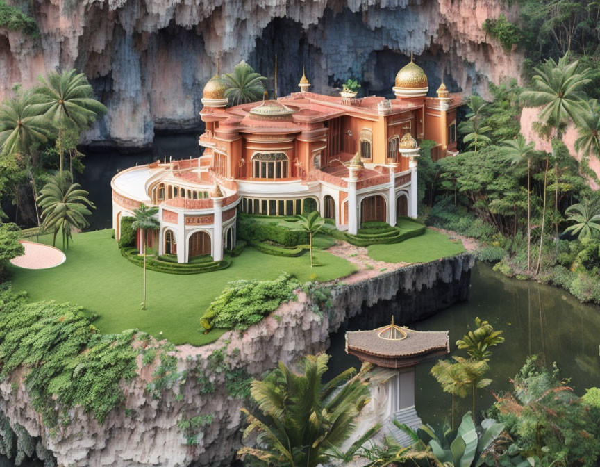 Cliffside palace with terracotta roofs by serene water