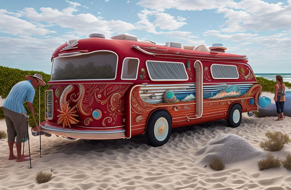 Colorful retro bus on beach with man and girl