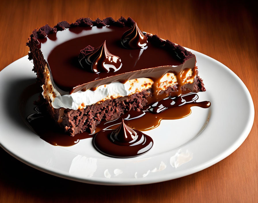 Chocolate cake slice with ganache, whipped cream, and caramel on white plate