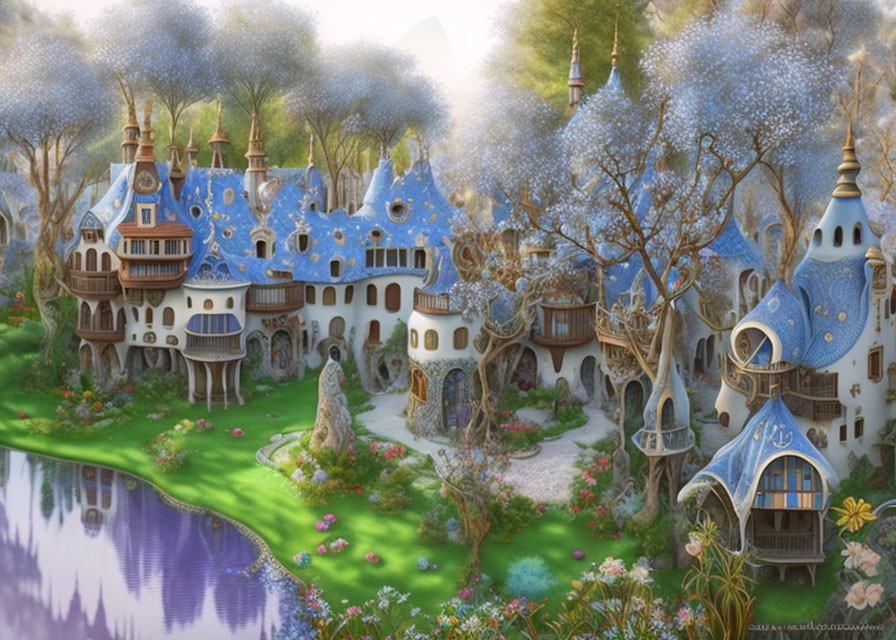 Blue-roofed fairy tale cottages in a whimsical village setting