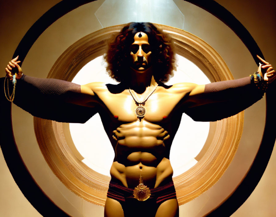 Male Figure in Crucifix Pose with Long Curly Hair and Jewelry Against Glowing Circular Backdrop