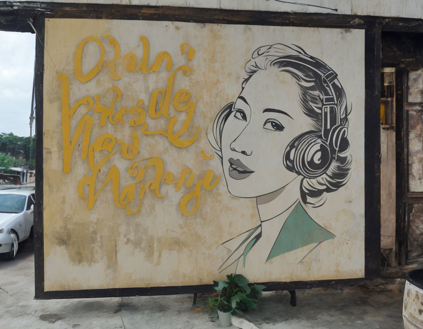 Weathered mural of woman with headphones and elegant hair and stylized script phrase.