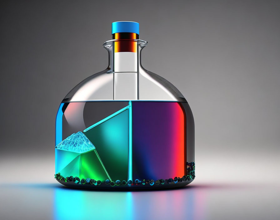 Colorful geometric flask with multicolored liquids and orange-blue seal on grey background