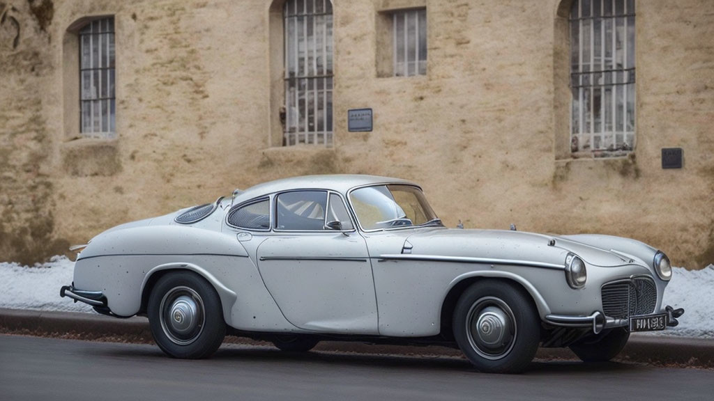 Vintage White Coupe Car Driving Past Old Stone Buildings in Classic European Style