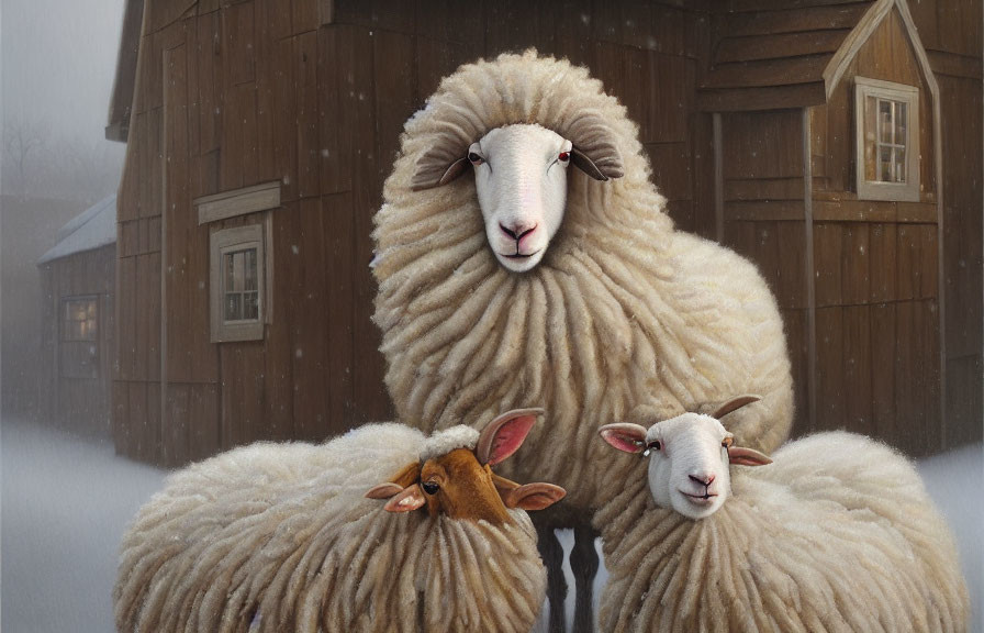 Three sheep with thick wool in front of a wooden barn in gentle snowfall