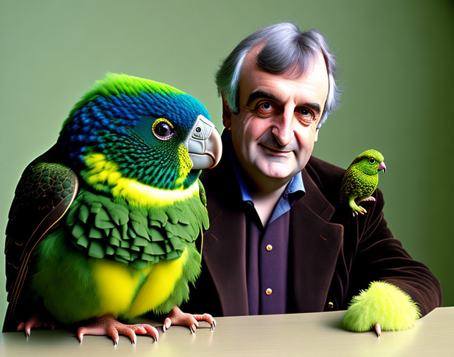 Man with large parrot and small green bird on table against green background