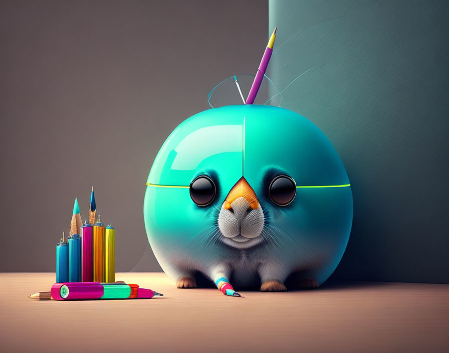 Round blue creature with cat-like features among colored pencils on desk