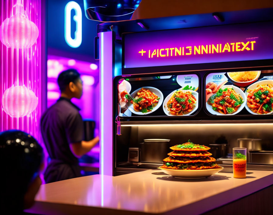 Colorful Asian food counter with staff member and vibrant lighting