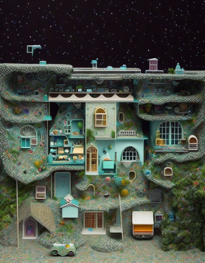 Whimsical multilevel building complex under starry sky