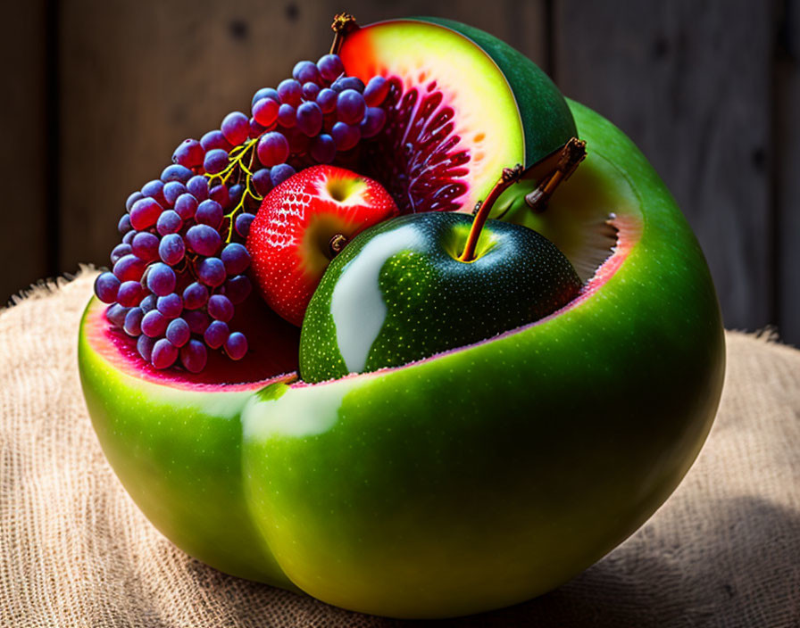 Digitally altered image of a green apple bowl with grapes, strawberry, and kiwi slice