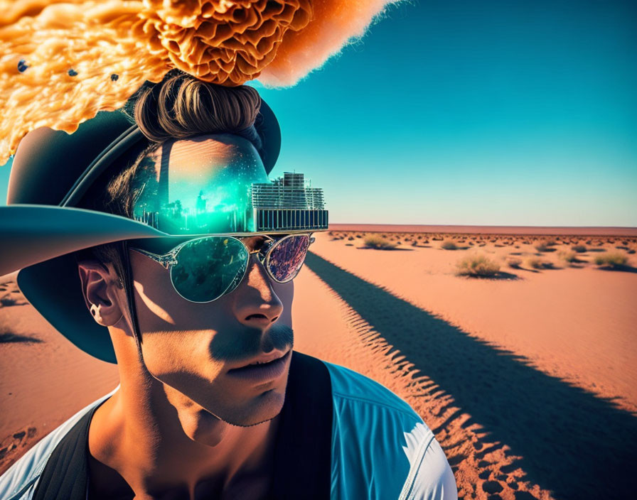 Man in sunglasses and hat with surreal cityscape reflection and fiery cloud in desert