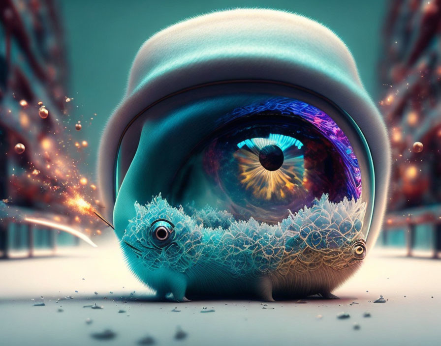 Detailed Blue Fantastical Creature with Large and Small Eyes on Sparkling Background