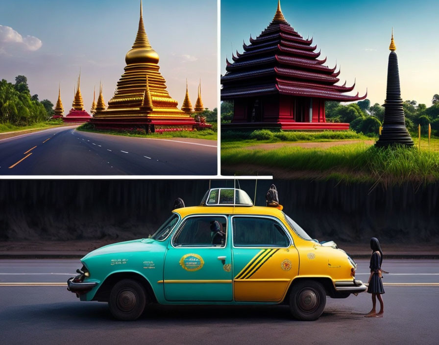 Collage of girl by vintage taxi & Asian architecture against vibrant skies