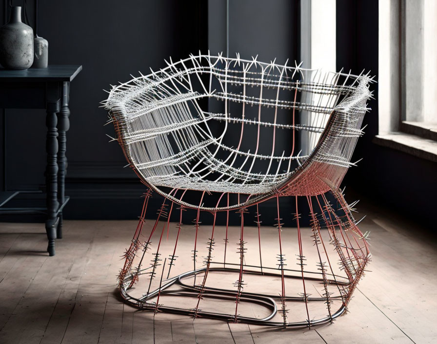 Intricate wireframe chair in modern room setting