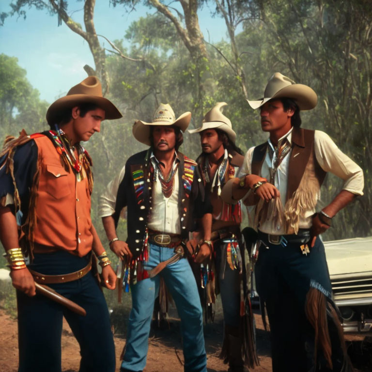 Four Men Dressed as Cowboys Beside Vintage Car in Woods