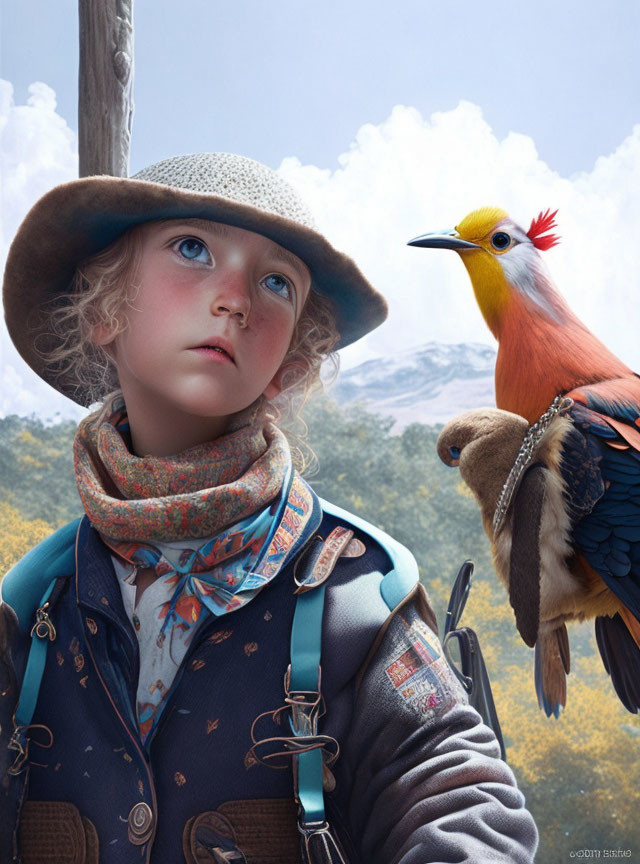 Child in hat and scarf gazes up with bird on shoulder under clear skies.