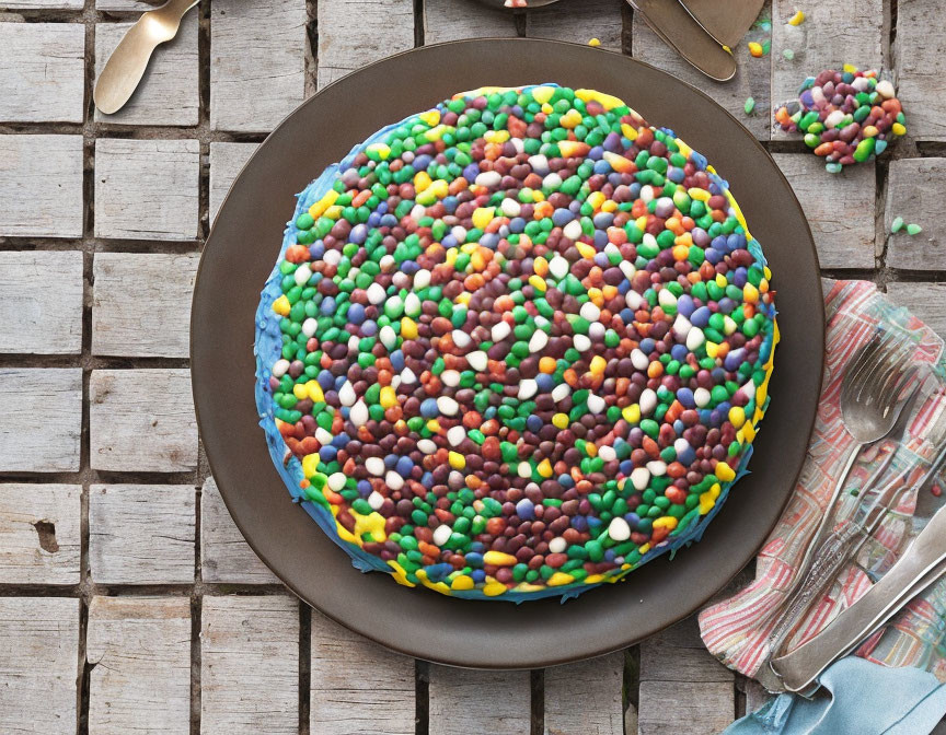 Colorful Sprinkled Cake on Plate with Fork and Spoon on Wooden Table