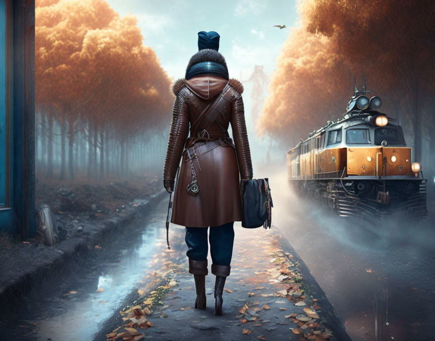 Person in winter coat walks on misty train tracks near forest with approaching train