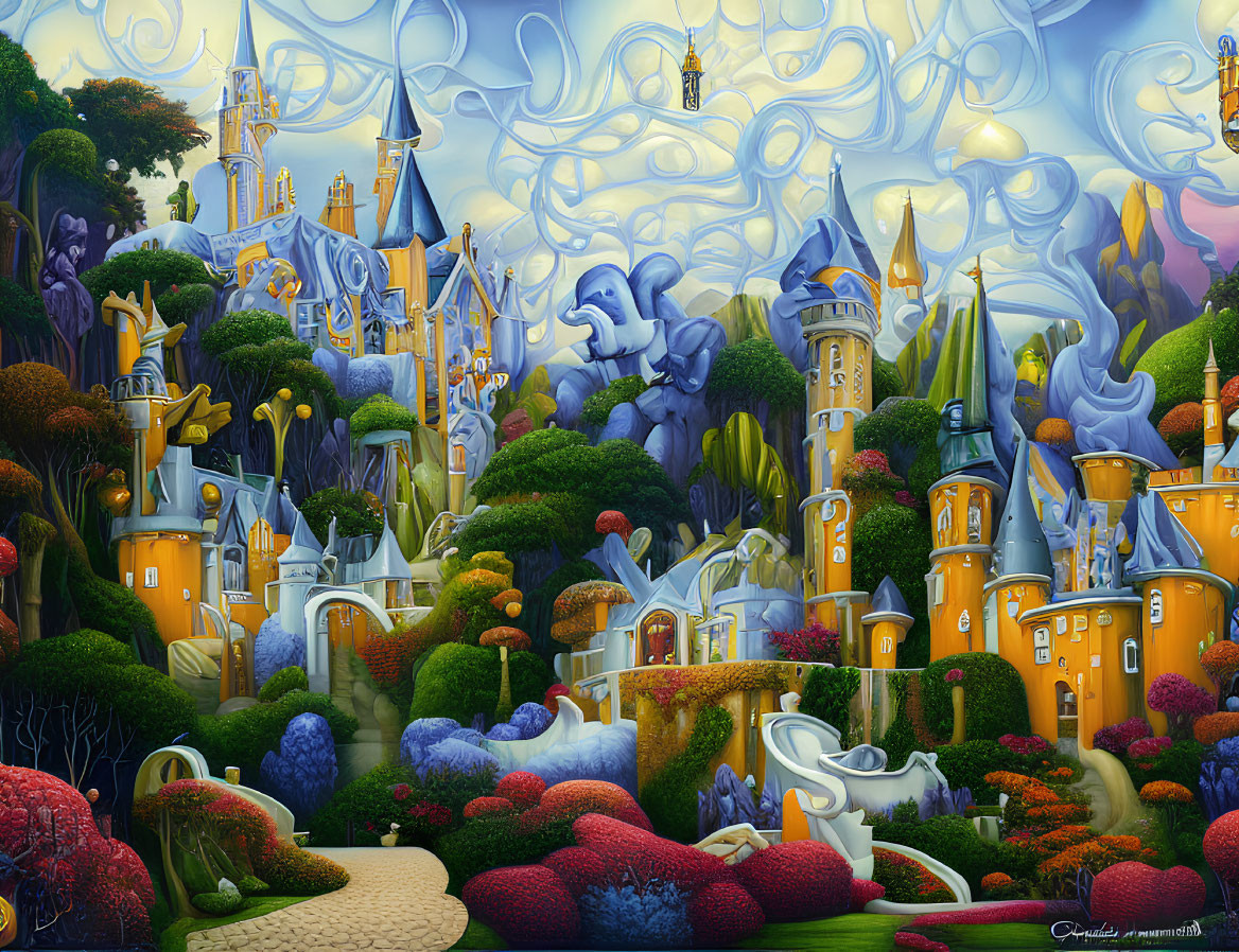 Whimsical landscape with swirling blue skies and ornate yellow castles