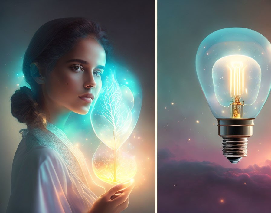 Split image of woman with glowing leaf and illuminated light bulb against cloudy sky