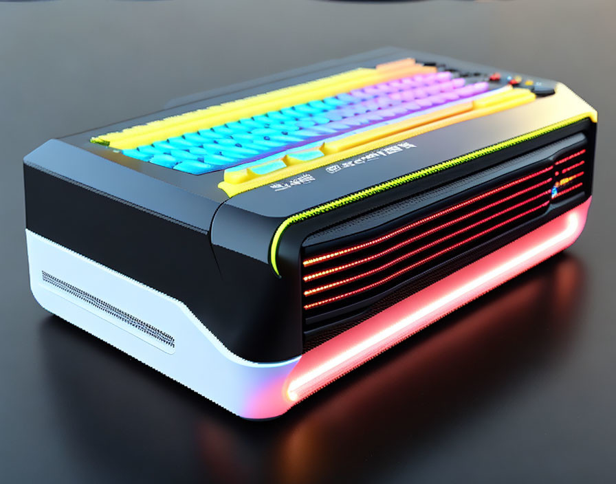 Colorful Keyboard & LED-Lit Sides on Futuristic Gaming Console