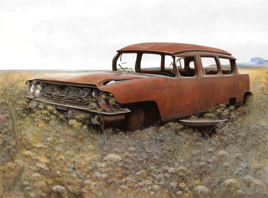 Abandoned rusty station wagon in wildflower field under cloudy sky