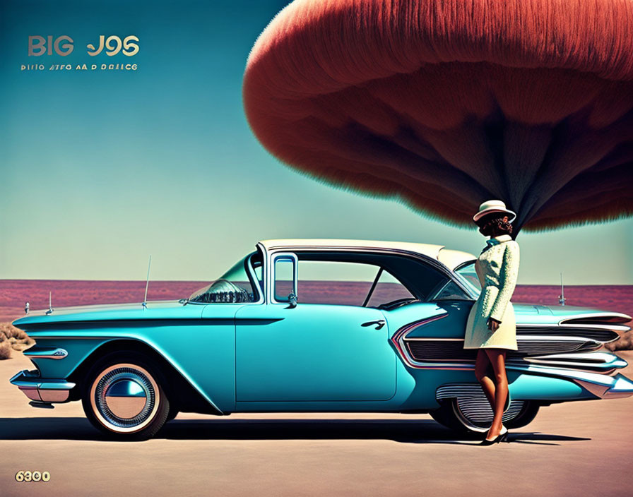 Vintage Outfit Woman by Classic Blue Car Near Stylized Mushroom Cloud