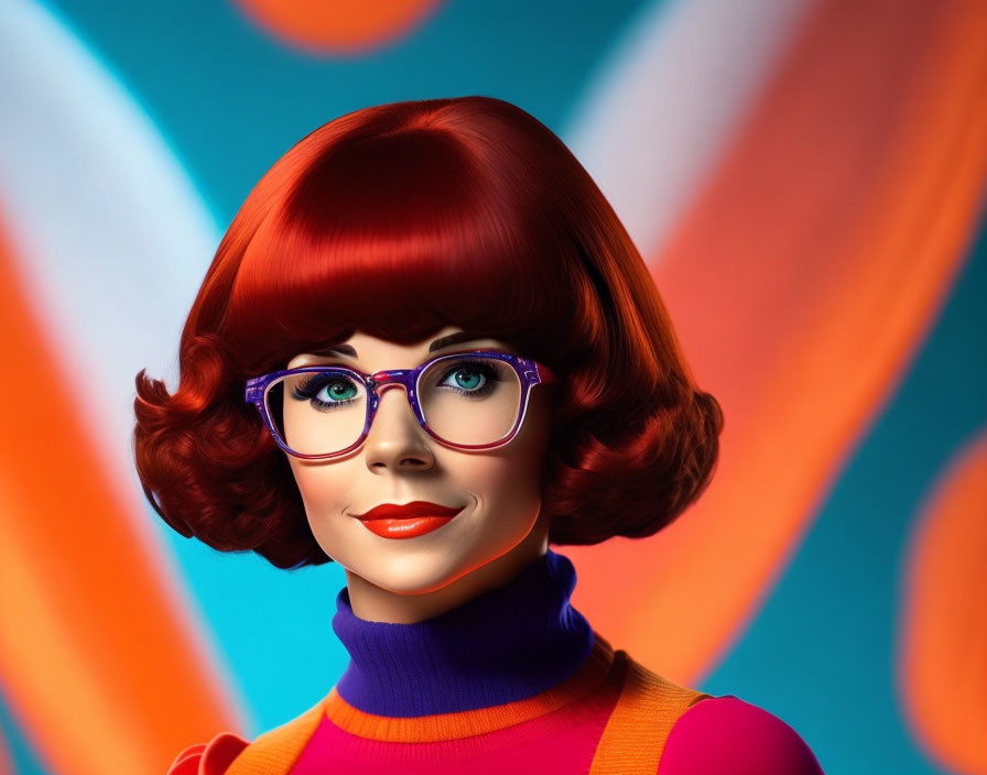 Stylized digital artwork: Red-haired woman in blue glasses, colorful turtleneck, on blue