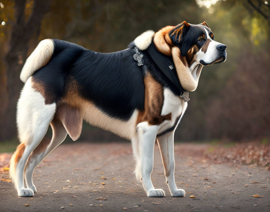 Fluffy black, white, and tan dog with stylish collar in golden light on path