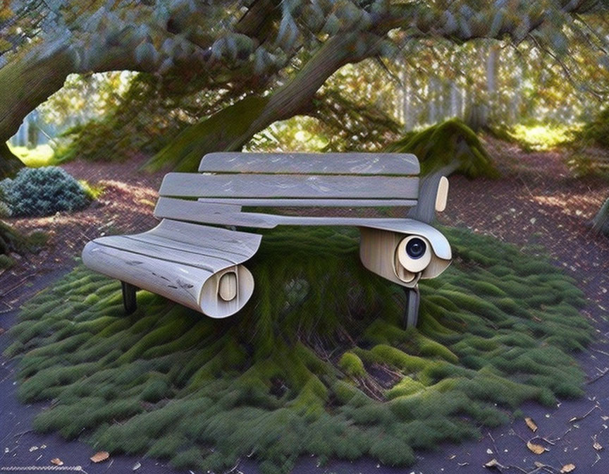 Digital Artwork: Wooden Bench Creature in Forest