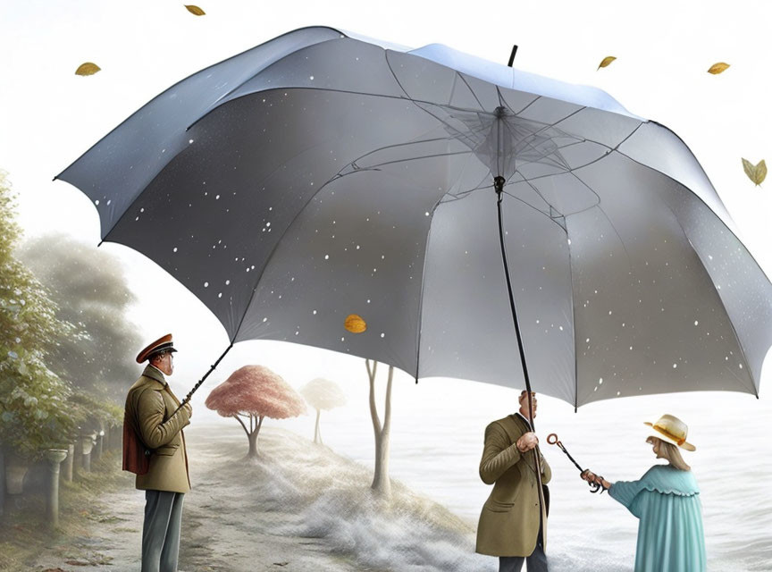 Surreal illustration of three figures under starry umbrella