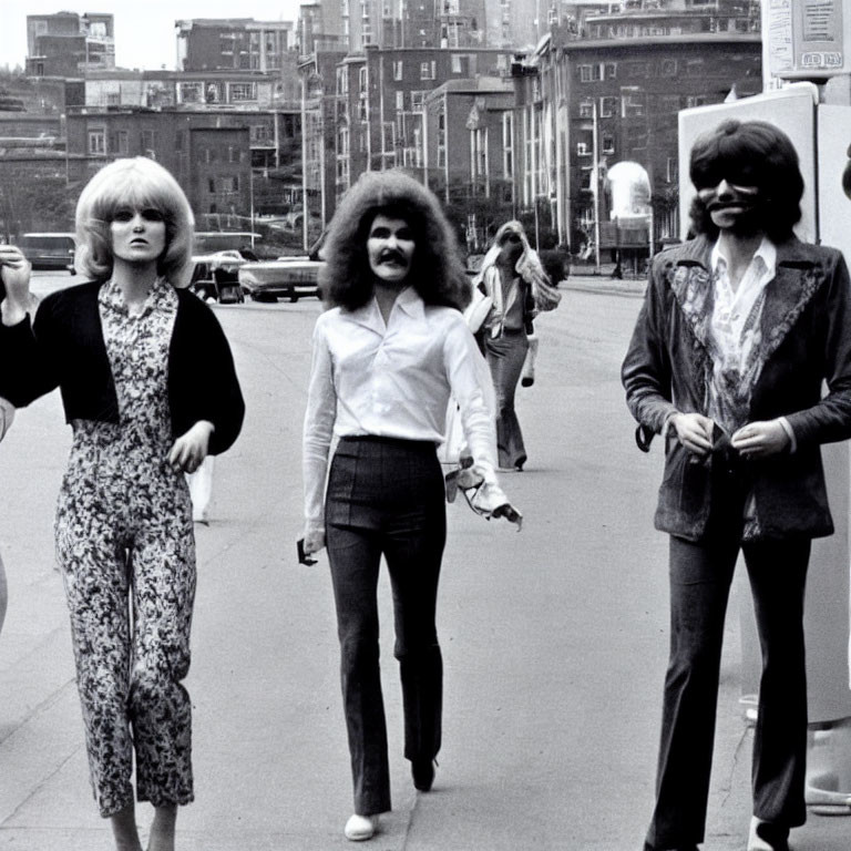 Three People with 1970s Fashion Hairstyles Walking in City Street