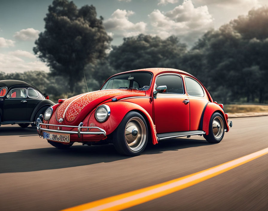 Red Volkswagen Beetle driving on road with motion blur, second Beetle in background