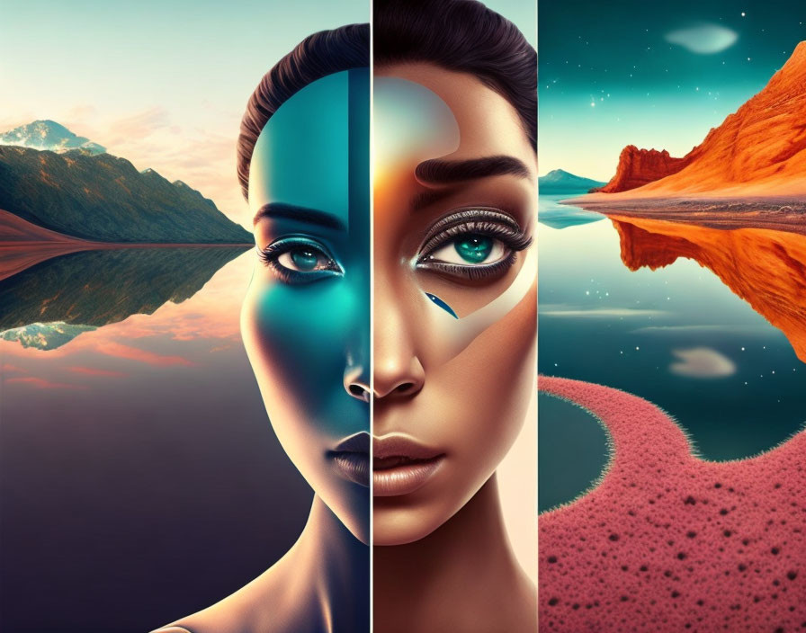 Split-composition image: human face merges with landscapes - mountains/lake on left, space/alien