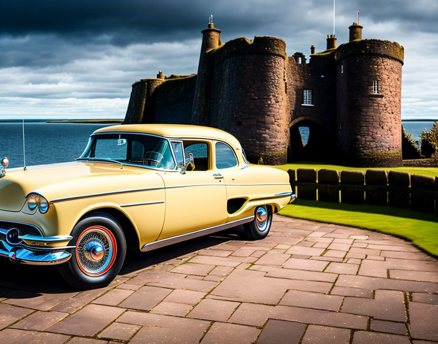 Vintage Yellow and White Car Parked by Majestic Castle and Blue Sky