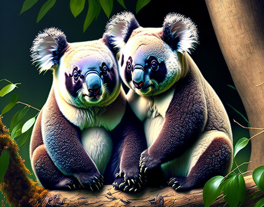 Pair of Koalas Resting on Branch in Forest Setting