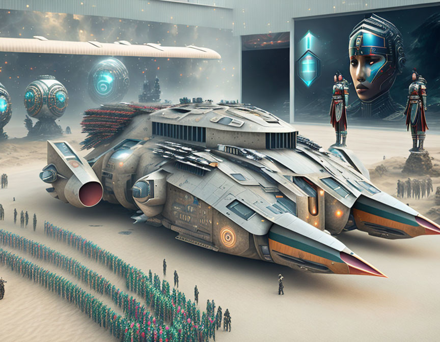 Futuristic spaceship in desert with giant humanoid robot guards