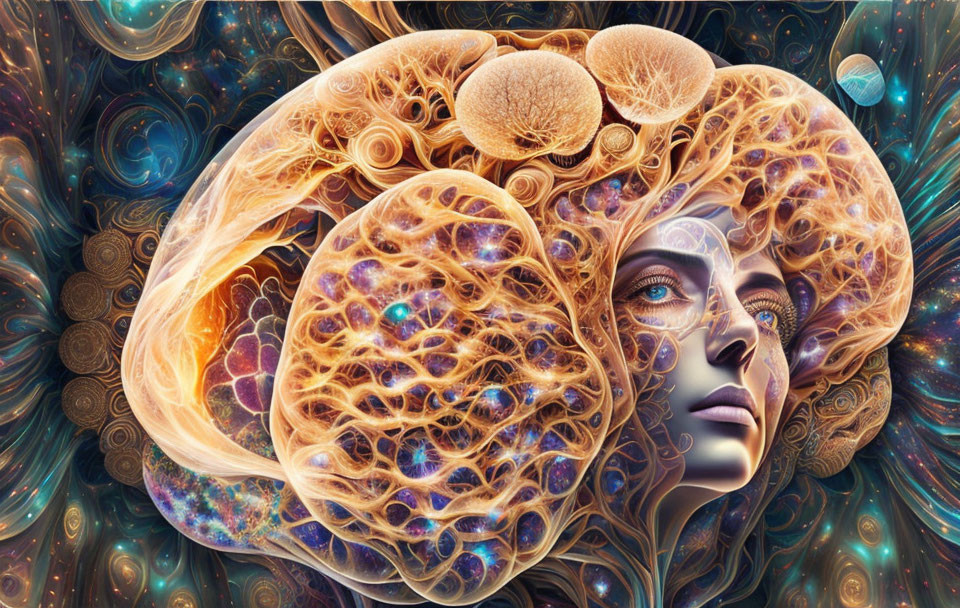 Human profile merges with cosmic and fractal patterns in surreal artwork