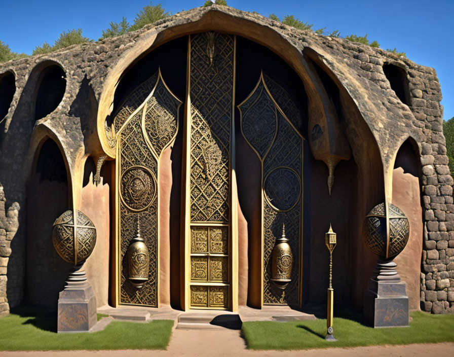 Intricate golden door on rounded building under blue sky