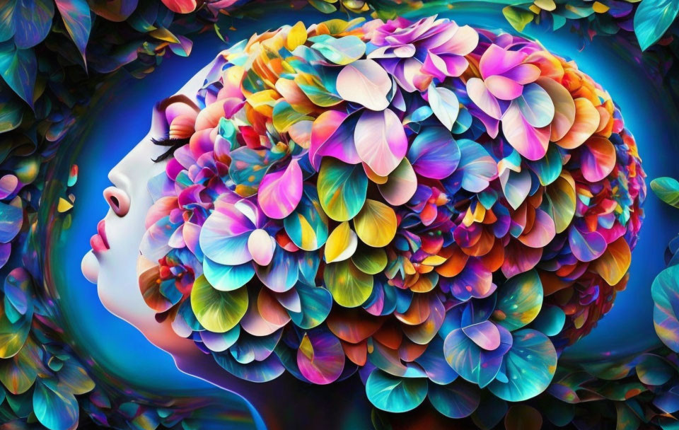 Colorful digital artwork: Woman's face merged with floral brain on dark background