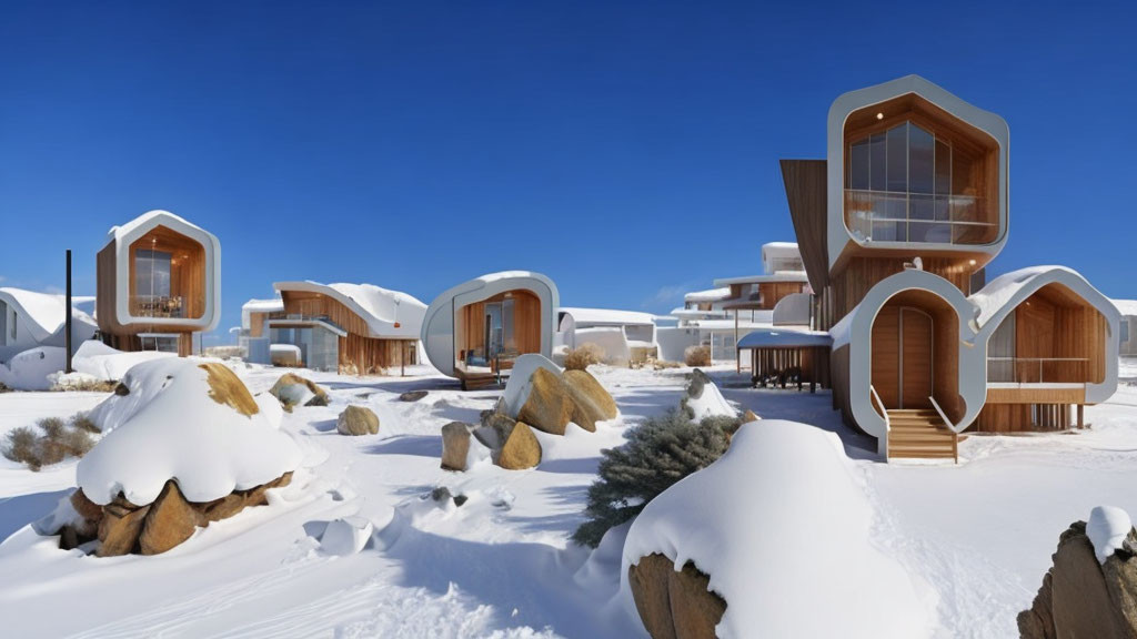 Unique Curved Modern Wooden Cabins in Snowy Landscape