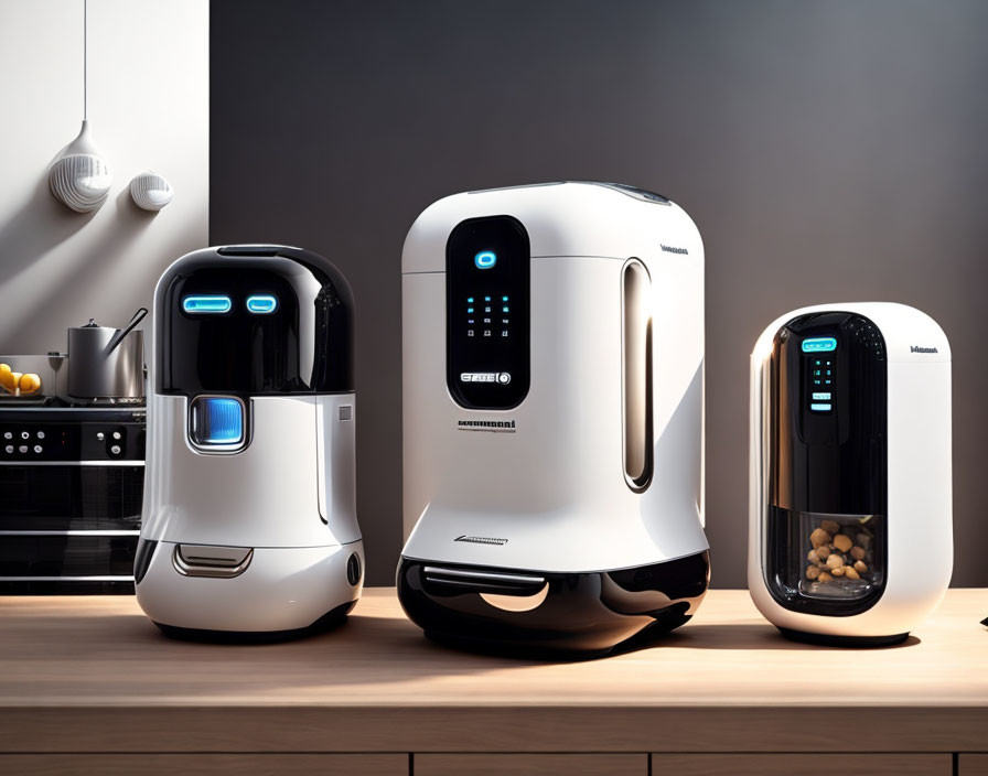 Sleek Design: Robot-like Coffee Maker, White Food Processor, Silver Nut Dispenser