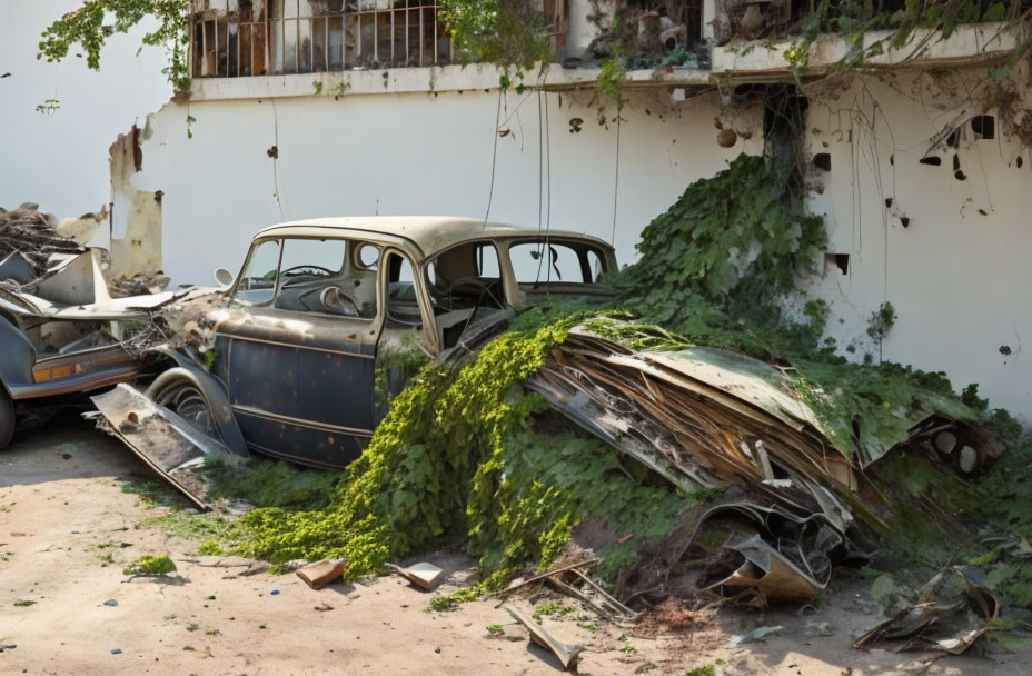 Derelict building with abandoned cars and overgrown foliage